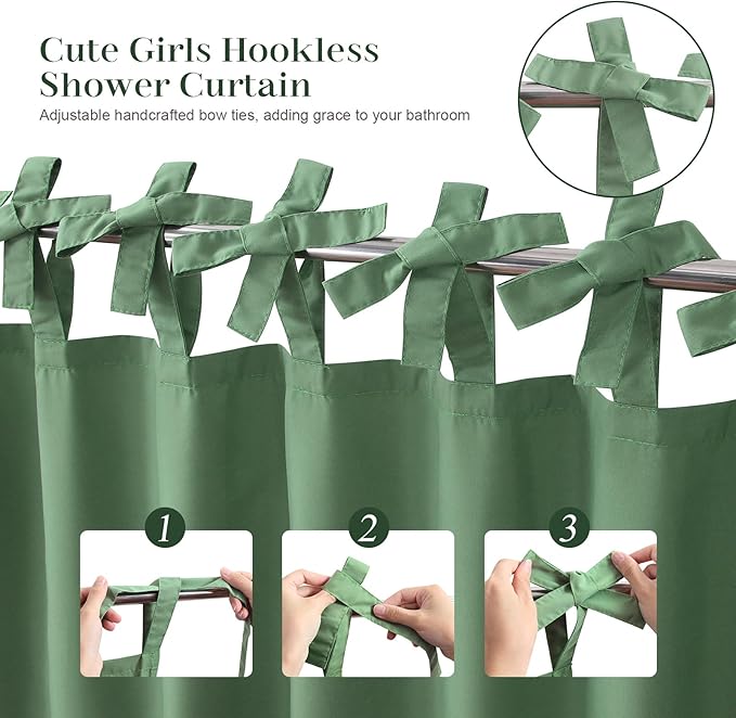 Adjustable Bow-Tie Top Green Ruffle Shower Curtain for Girls Women, Delicate Fabric Shower Curtain with Handcrafted Ruffles and Small Holes, Waterproof Ruched Farmhouse Bathroom Curtain, 72"W x 72"H