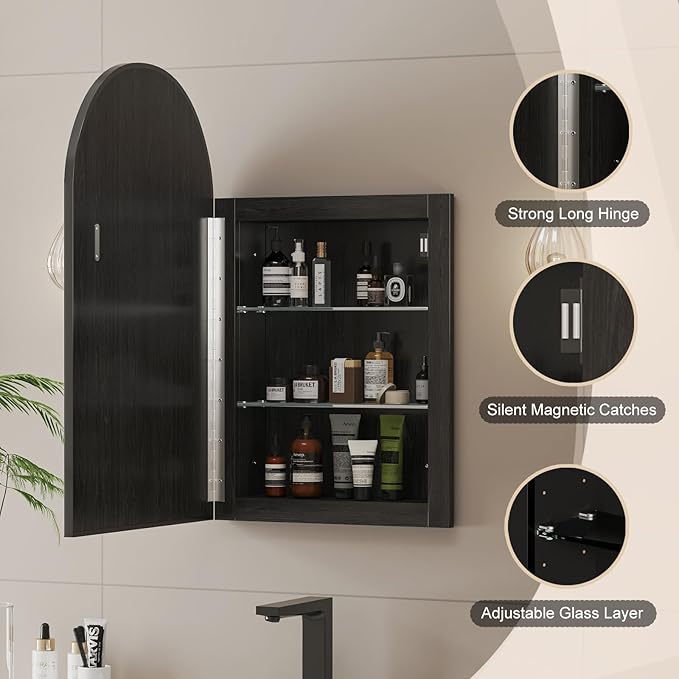 Recessed Medicine Cabinet for Bathroom,Black Arched Medicine Cabinet with Mirror,Bathroom Mirror with Storage,Surface Mount Wall Cabinet 14x18