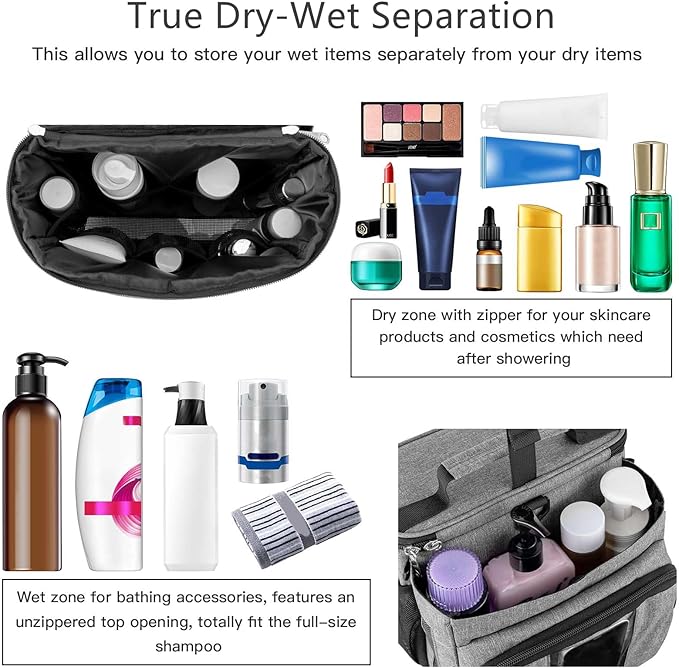 Bukere Portable Shower Caddy Tote Bag for College Dorm Travel, Separate Compartment, Large Capacity, Quick Dry Mesh Base, Hanging Toiletry Bath Bag for Student, Gym, Camp, Women Men