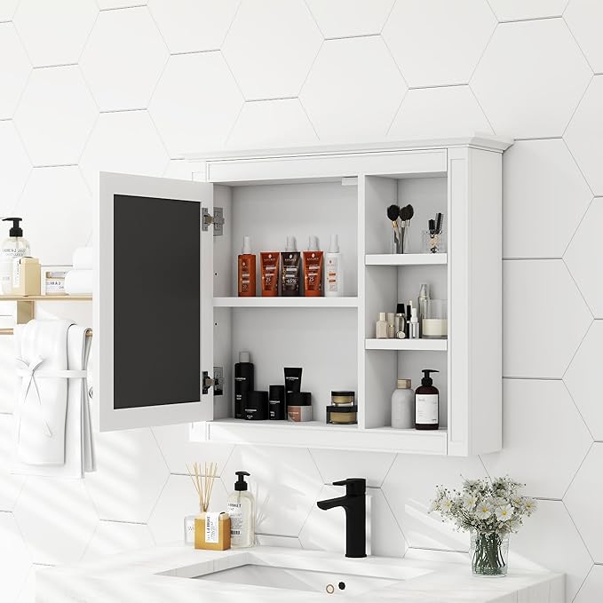 Merax Bathroom Medicine Cabinet with Mirror, 30" x 28" Wall Mounted Medicine Cabinet with Single Door and Shelves, Over The Toilet Mirrored Bathroom Storage Wall Cabinet