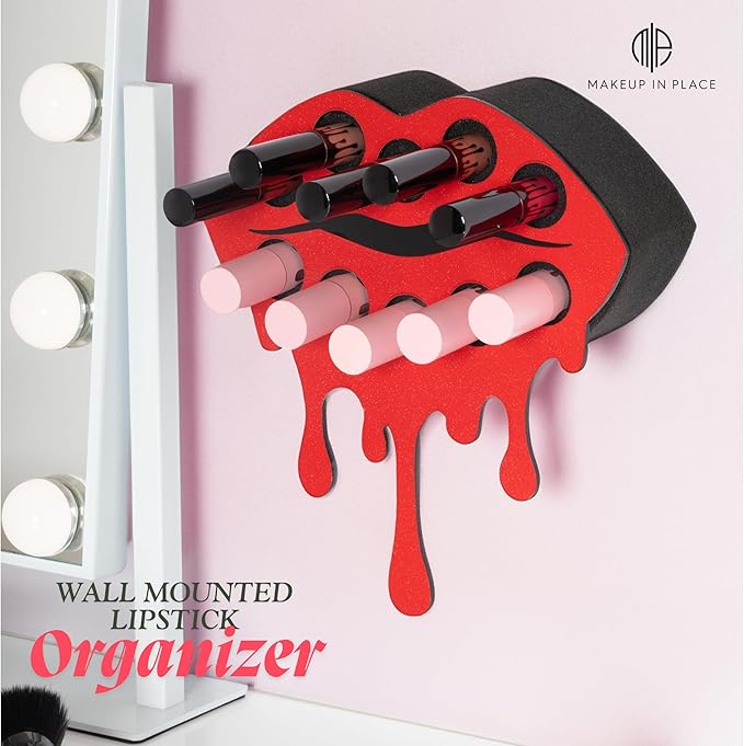 MAKEUP IN PLACE Fearless Lip Lipstick Organizer - Acrylic Lipstick Holder and Organizer for Women Patented Wall Mounted Minimalistic Design Saves Time - Holds 10 Items (Red Shimmer)