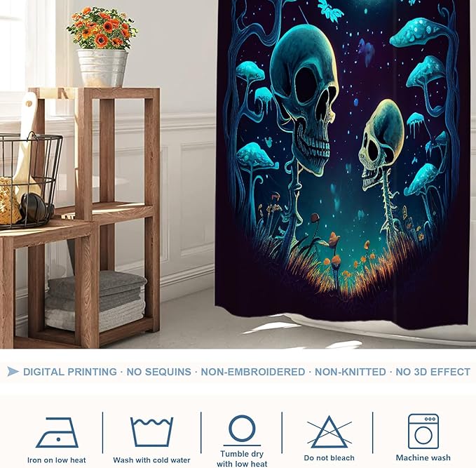 Shrahala Happy Halloween Funny Decorative Shower Curtain, Skeletons Grass Mushrooms Starry Sky Bathroom Décor Polyester Fiber Waterproof with Plastic Rings for Shower Stall Bathtubs 72 x 36 in