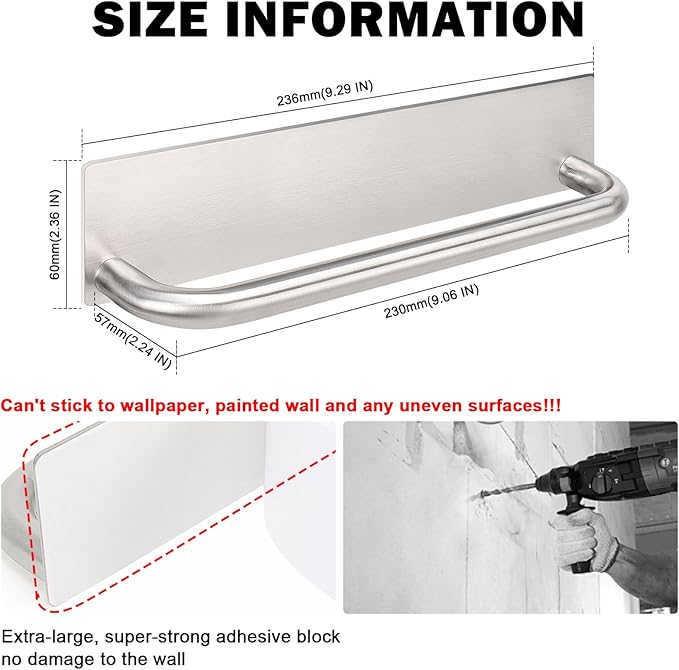 Livabber Self Adhesive Hand Towel Holder- 304 Stainless Steel Hand Towel Bar for Bathroom Kitchen Stick on Wall, Towel Ring No Drilling, 9 Inch (Brushed Nickel)