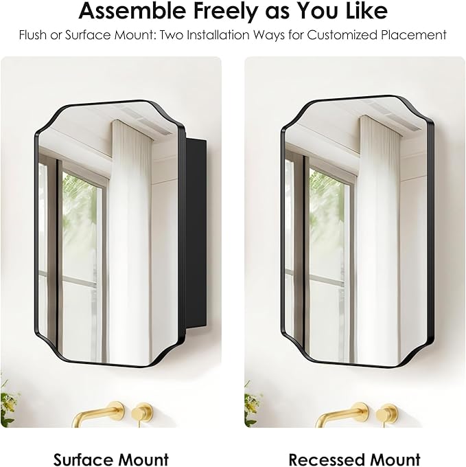 SogesHome Recessed Bathroom Mirror Medicine Cabinet with Storage, 15.7 x 23.6 Inch Wall Mounted Modern Octagon Vanity Organizer with Shelves, Space-Saving Elegant Bathroom Storage, Black
