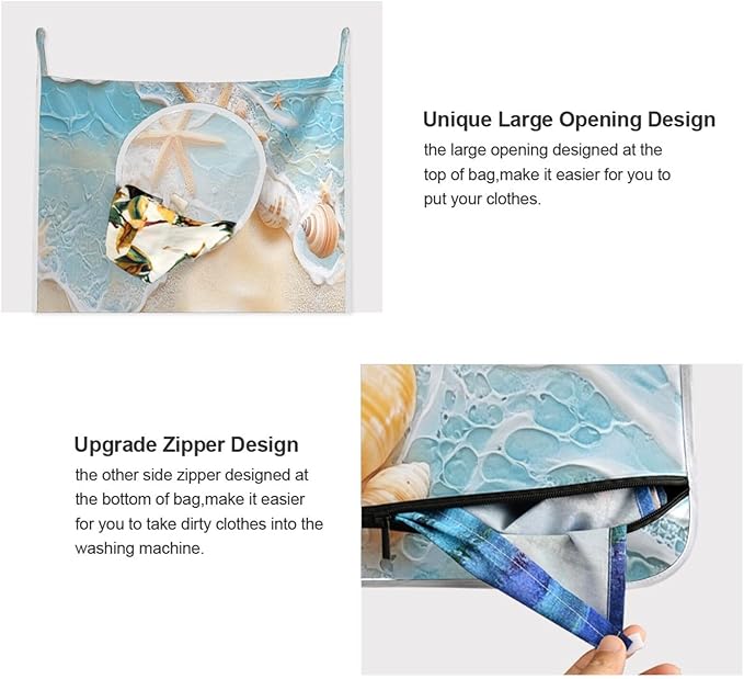 Blue Beach Sea Star Shell Summer Hanging Laundry Hamper Door Hampers Bag Basket with Stainless Steel Hooks Oxford Fabric Printing Decorative Clothes Bags 29.5X20inch 2Pack