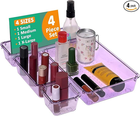 Kuber Industries 4 Pcs Acrylic Transparent Cosmetic Organizer Tray | Drawers Organisers for Kitchen, Office and Bathroom Vanity Makeup | Stationery Storage Drawer Divider Tray | Purple