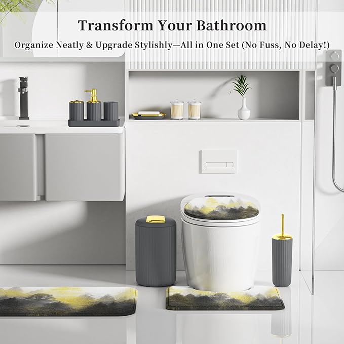 Gray and Gold Bathroom Accessories, Bathroom Sets with Shower Curtain and Rugs, Bath Rugs Accessory Set with Bathroom Trash Can, Soap Dispenser, Soap Dish for Home Decor