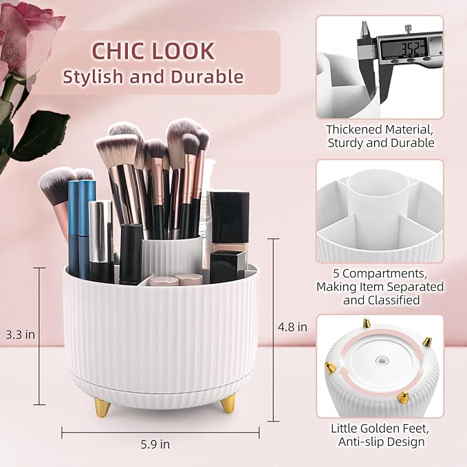 360°Rotating Makeup Organizer, 5 Slot Makeup Brush Holder, Spinning Cosmetic Organizer for Vanity, Bedroom(White)