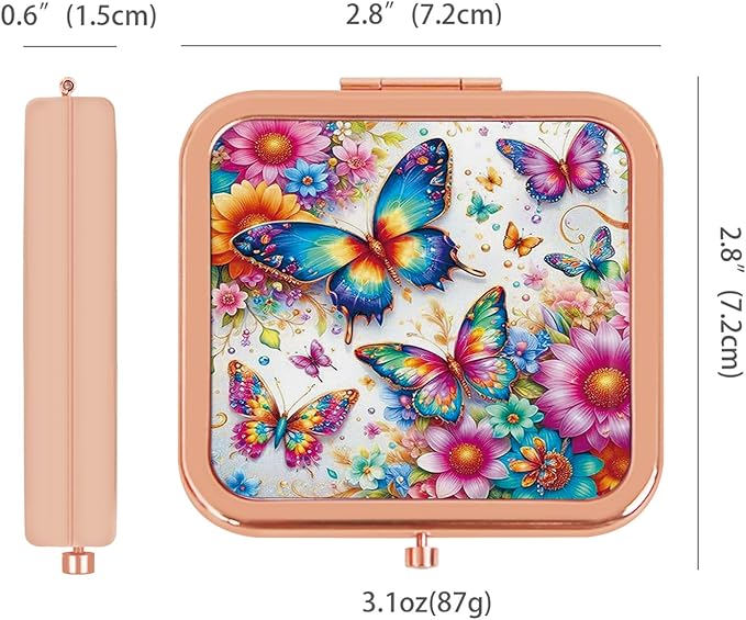 Compact Mirror for Women, Square Mini Pocket Travel Makeup Mirror, Pretty Portable Folding Small Pocket Mirror for Handbag, Purse, Double Sided Handheld Mirror(Rose Gold Butterfly)