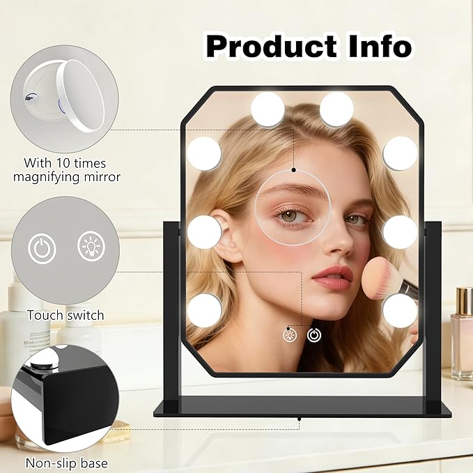 Vanity Mirror with Lights - 11.8"x9.8" Hollywood Makeup Mirror with Dimmable LED Bulbs, 3 Color Modes, Smart Touch Control, Desktop Mirror for Bedroom Dressing Table, Gift for Women Girls (Black)