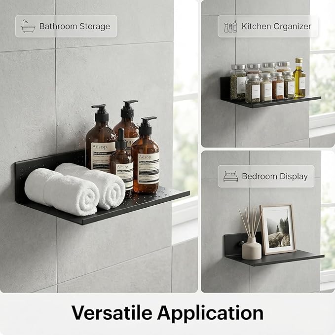 Z metnal Small Floating Shelves for Wall, 8-Inch Modern Aluminum Metal Display Shelf, Rustproof Minimalist Decor Wall Shelf for Bathroom, Bedroom & Office, No-Drill & Screw Mount, Matte Black, 2-Pack