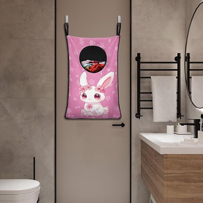 ZOUTAIRONG Cherry Blossom Rabbit Hanging Laundry Hamper Laundry Bag Washable Hamper for Clothes Laundry Basket Toys Storage Organizers for Home Bedroom Bathroom