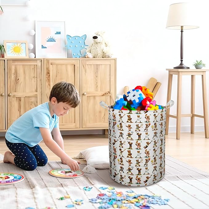 Sports Bear Nursery Laundry Basket Hamper, Sports Decor for Boys Bedroom, Cute Bear Player Foldable Clothes Toys Books Storage Box Bins Baskets Organizer for Kids Boys Room Playroom