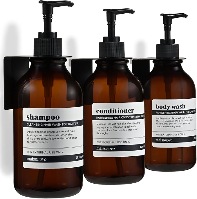Shampoo and Conditioner Dispenser Wall Mounted Set of 3 Amber Black - No Drill Shower Soap Dispenser for Bathroom Refillable - Spa Hotel Style Accessories by MaisoNovo