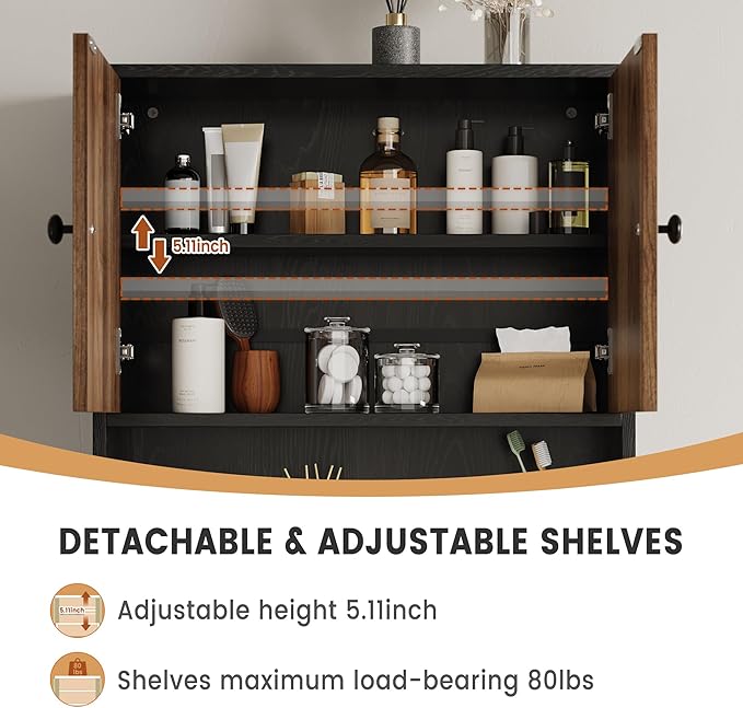 Bathroom Wall Cabinets, Medicine Cabinet with Open Partition and Towel Bar for Bathroom, Living Room, Kitchen, Black & Walnut