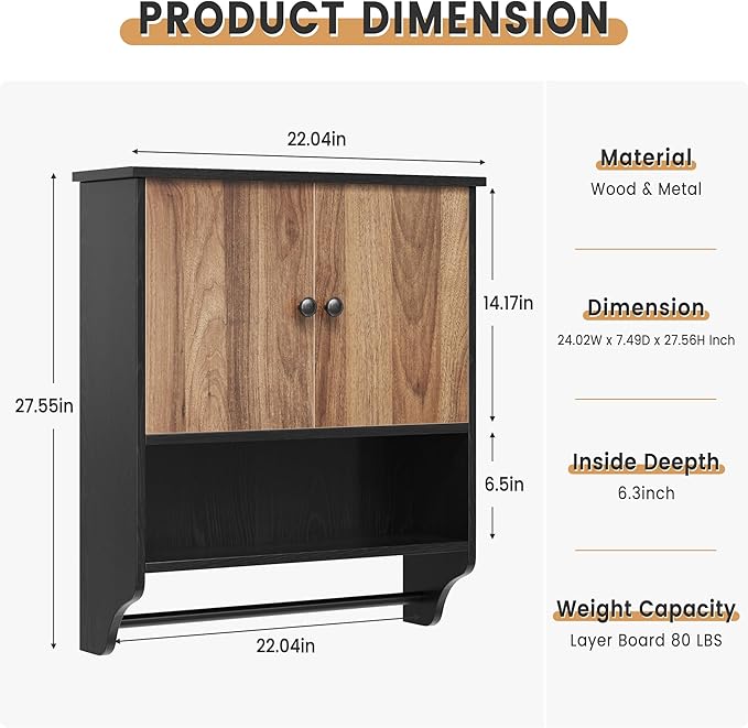 Bathroom Wall Cabinets, Medicine Cabinet with Open Partition and Towel Bar for Bathroom, Living Room, Kitchen, Black & Walnut