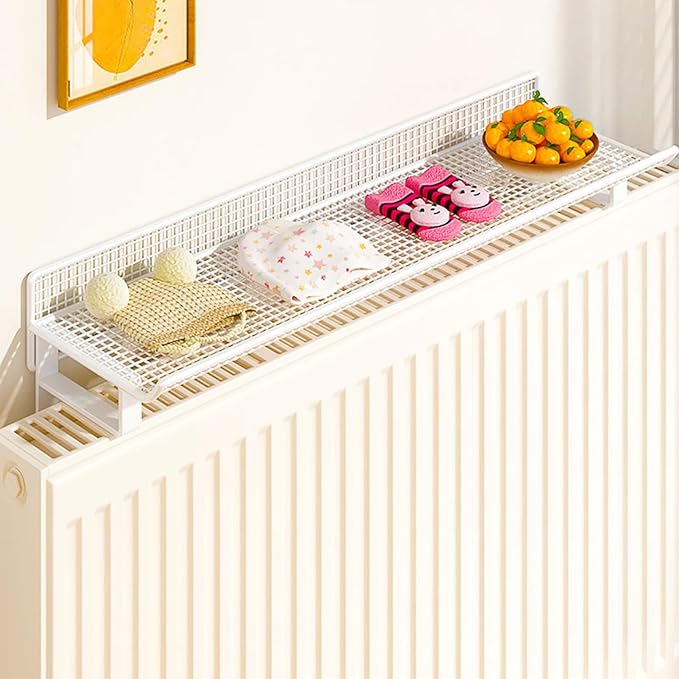 Radiator Topper Shelf Metal Mesh Cutout No-Punch Installation for Office, Hallway, Living Room, Kitchen, Bedroom, Bathroom(White,23.62 in/60cm)