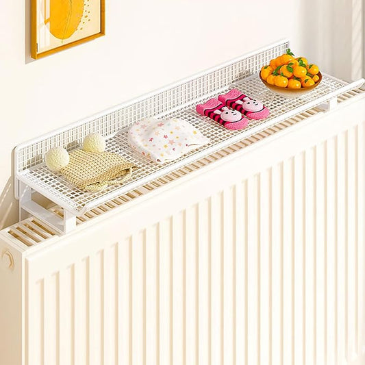 Radiator Topper Shelf Metal Mesh Cutout No-Punch Installation for Office, Hallway, Living Room, Kitchen, Bedroom, Bathroom(White,23.62 in/60cm)