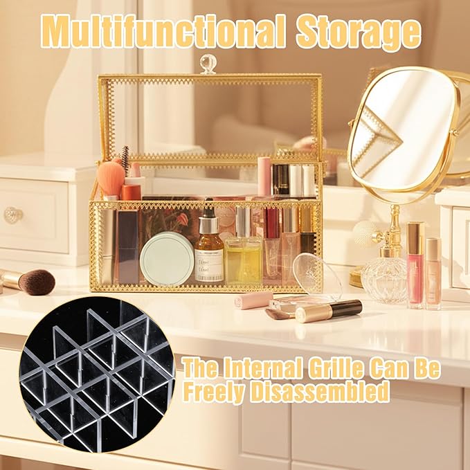 Lipstick Organizer Holder 24 Spaces, Tempered Glass Lip Gloss and Perfume Organizer, Vanity Lipstick Holder with Removable Dividers, Gold