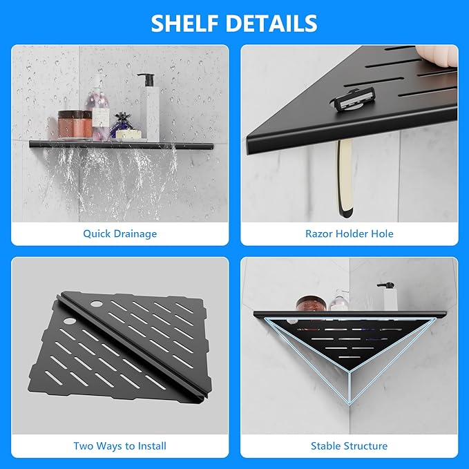 Shower Shelves 2 Pack, Corner Shower Shelf, 304 Stainless Steel Shower Caddy with Razor Hole, Shower Shelf for Inside Shower, Modern Sturdy Shelves for Tile Walls,10" Black Corner Shelf for Bathroom