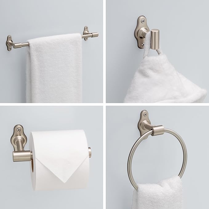 Franklin Brass Calloway 4-Piece Bathroom Set Satin Nickel 18" + 6" Towel Rack, Toilet Paper Holder, Hand Towel Holder, Hook | 4-Piece Bath Hardware Accessories Set CLWY64-SN