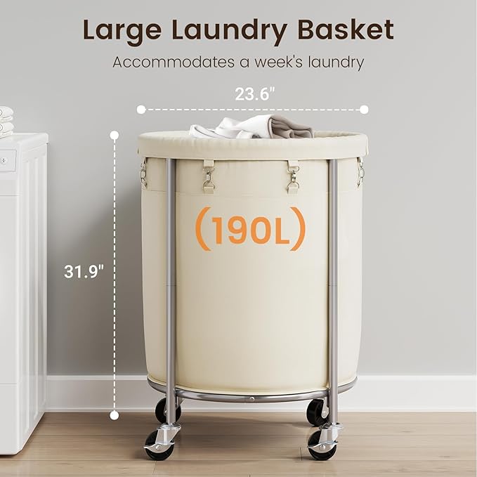 ELYKEN 190L Laundry Basket with Wheels, Large Rolling Laundry Hamper with Removable Liner Bag, Round Rolling Laundry Cart, Dirty Clothes Hamper for Hotel, Home, Closet, Dorm, Cream