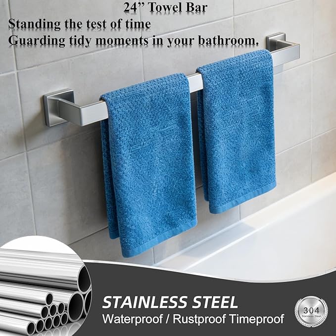 24 Inch Bathroom Towel Bar SUS304 Stainless Steel Brushed Nickel Towel Holder Wall Mounted Heavy Duty Towel Rack Bathroom Towel Rod Modern Square Base Design(1, Brushed Nickel, 24 Inch)