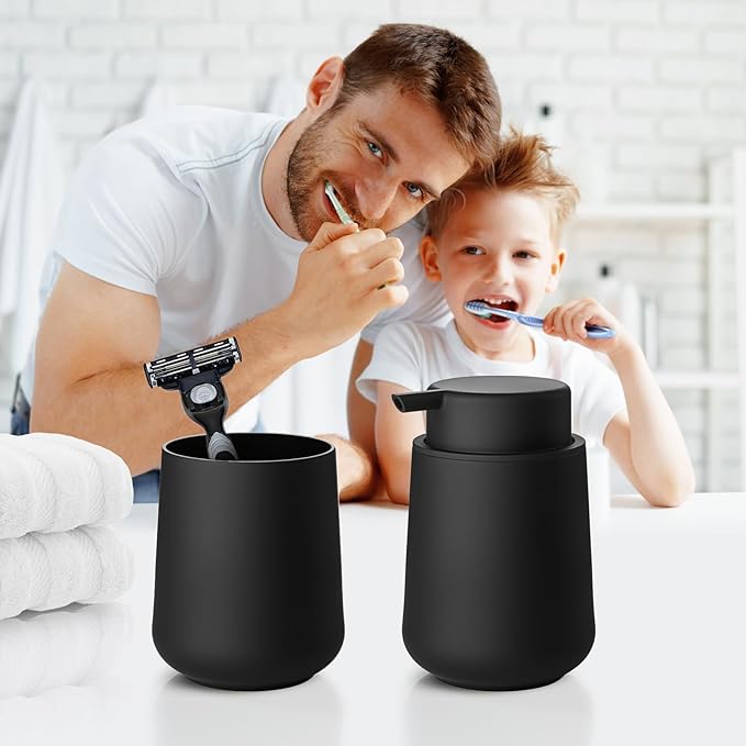 Matte Black Bathroom Toothbrush Holder Set Plastic Foaming Hand Soap Dispenser and Toothbrush Holders 2 Piece
