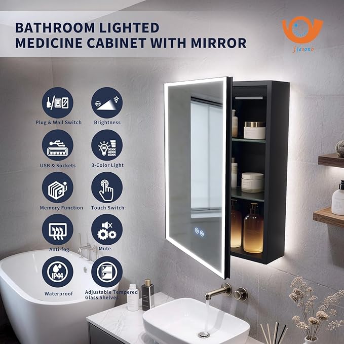 Lighted Medicine Cabinet with Mirror, 20 x 28 inch LED Bathroom Mirror Cabinet with Anti-Fog, Dimmable 3 Colors Front & Bottom Light, Buit-in Sockets & USBs (Left Hinge)