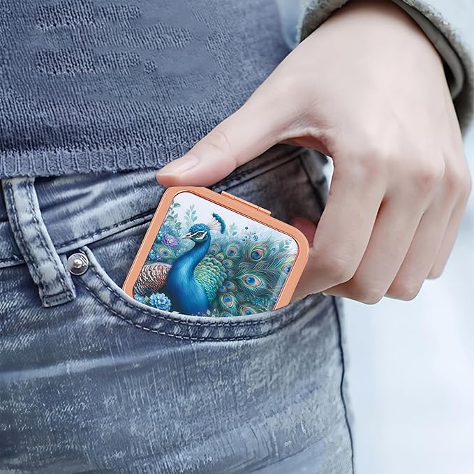 Compact Mirror Travel Makeup Mirror Metal Pocket Cosmetic Mirrors Portable Handheld Beauty Mirror Folding Double-Sided Elegant Vanity Mirror for Men Women Purse Peacock