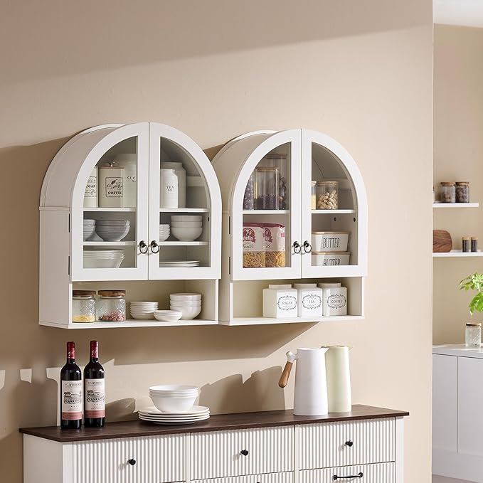 IFGET Bathroom Arched Wall Cabinet, 23.6'' Wide Medicine Cabinet with Adjustable Shelves & Glass Doors, Over The Toilet Storage Wall Mount Cabinet for Laundry Room,Kitchen & Living Room, Antique White