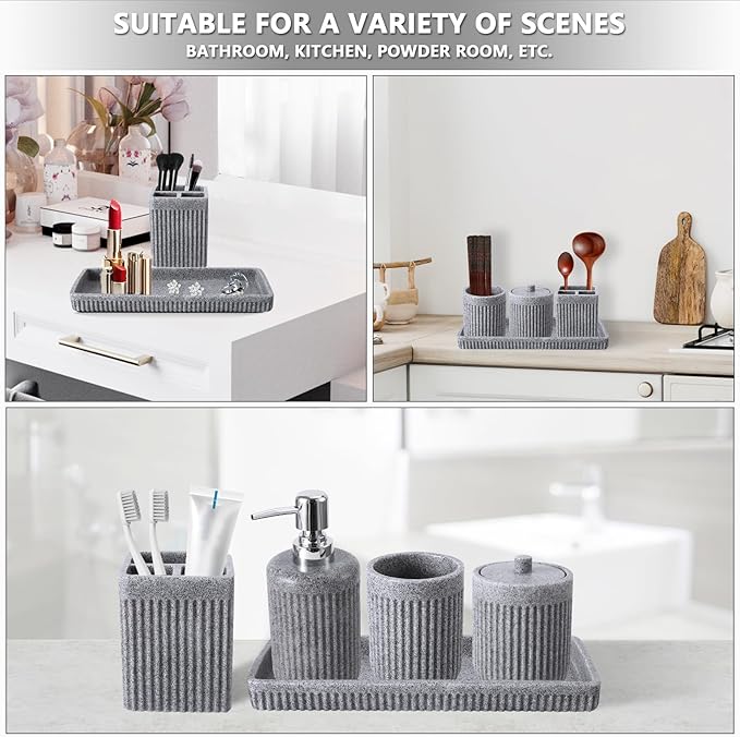 XLHOMO Resin Grey Bathroom Accessories Set 5 Pcs, Lotion Soap Dispenser, Toothbrush Holder, Bathroom Tumbler, Qtip Holder and Vanity Tray, Bathroom Countertop Organizer Set for Modern Home Apartment