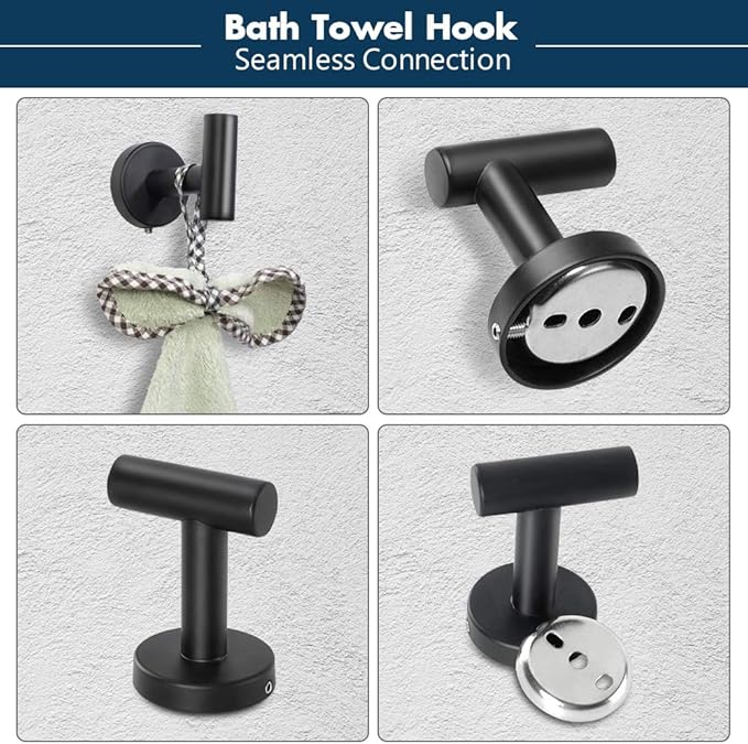 TocTen 5 PCS Bathroom Hardware Set SUS304 Stainless Steel-Towel Rack Set Include Lengthen Hand Towel Bar+Toilet Paper Holder+3 Robe Towel Hooks Bathroom Accessories Towel Bar Set(Matte Black,16IN)
