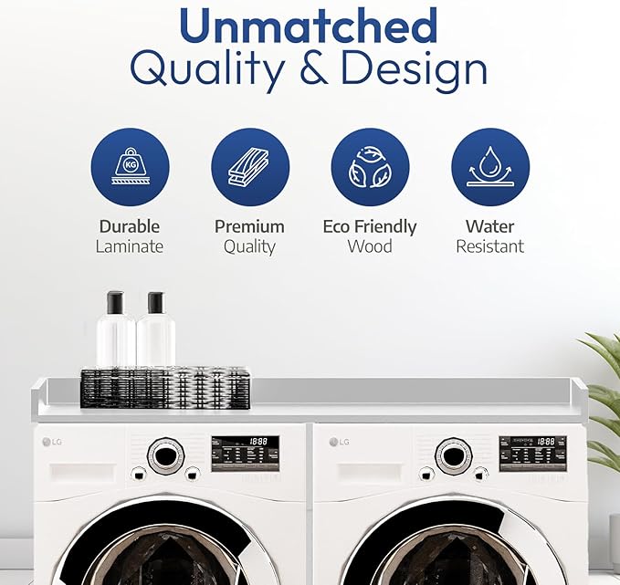 OfficeSimpli Washer Dryer Countertop, Made in USA, Non-Slip Pads, Laundry Room Wood Topper, Washer Dryer Cover for Top, Laundry Countertop, Laminate Finish (Glacier White, Extra Large (30" x 58"))