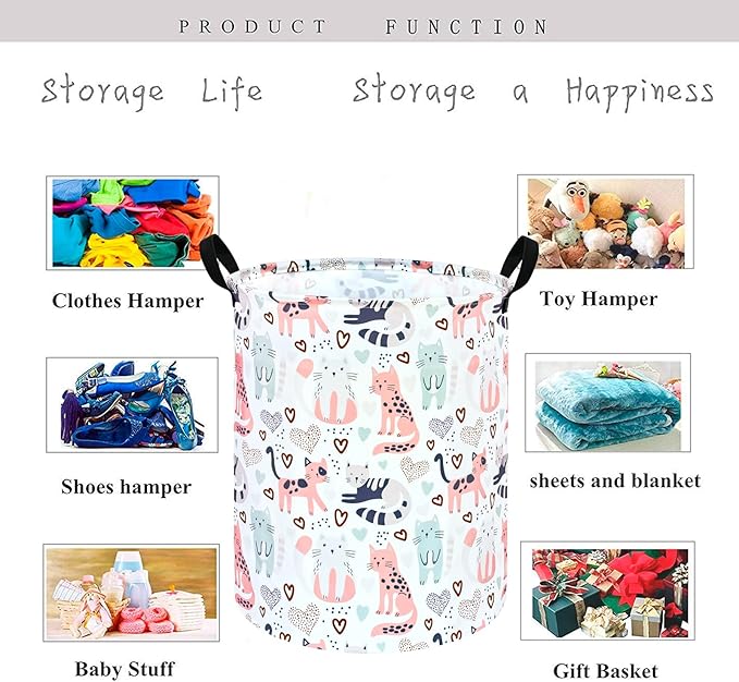 KUNRO Round Cat Laundry Gift Basket Storage Hamper, Clothes Storage Organizer Bins, Shelf Basket with Handles for Room Decor
