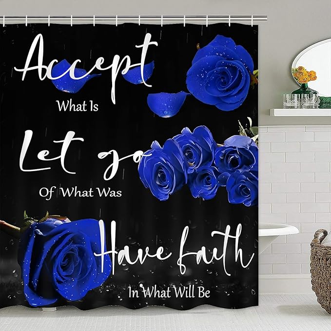 Yddsky 4 Pcs Blue Rose Shower Curtain Sets with Rugs Black Blessed Bathroom Sets with Shower Curtain and Rugs Bathroom Curtains Shower Set with Toilet Lid Cover for Women Bathroom Decor Accessories