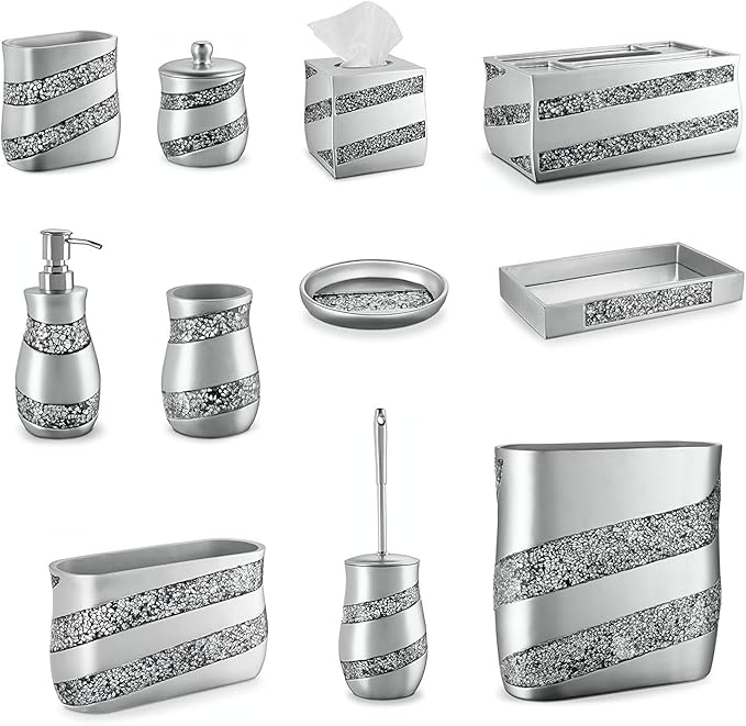 Creative Scents Silver Mosaic Bathroom Accessories Set Complete - 6 Piece Bathroom Set Includes: Bathroom Trash Can, Tissue Cover, Soap Dispenser, Toothbrush Holder, Tumbler & Soap Dish