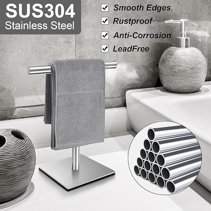 Freestanding Hand Towel Holder Countertop Modern Stand Towel Rack with Square Base Space Saving 304 Stainless Steel Hand Towel Holder Silver Finished