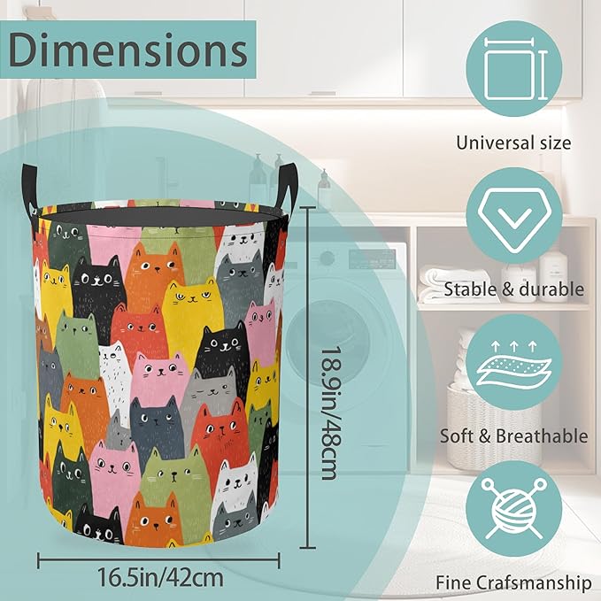 Colorful Cat Laundry Basket With Handles Tote Bag Oxford Cloth Funny Laundry Hamper Clothes Storage Bucket Toy Organizer 16" X 20.8"For Bathroom/Laundry/Bedroom