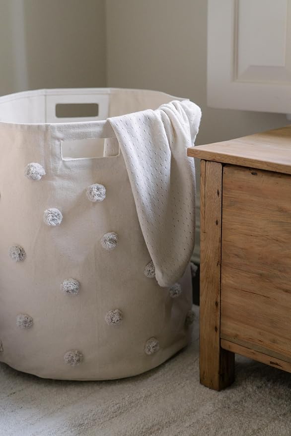 PEHR Pom Pom Basket, Grey Hamper | 100% Cotton Canvas Storage for Nursery, Playroom & Home | Decorative Organizer | 18" D x 20" H