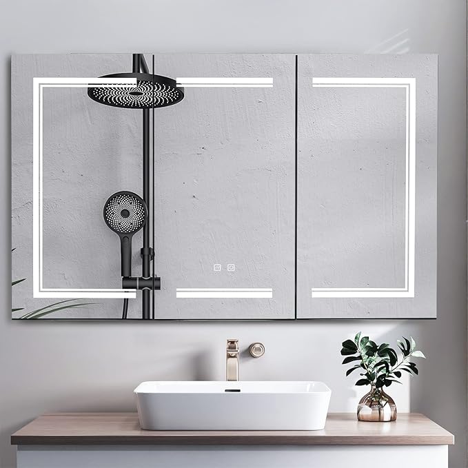Karl home 48x28 Inch 3 Doors Bathroom Medicine Cabinet with LED Mirror, 3 Color Wall Mounted Dimmable Bathroom Cabinet with 3-Tier Storage Shelves, Anti-Fog, USB Charge, White