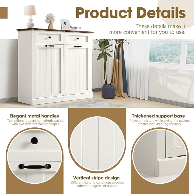 Grepatio Tilt Out Laundry Hamper Cabinet, 22 Gallon Double Hidden Laundry Hamper, Wooden Trash Can Cabinet with 2 Drawers, Farmhouse Garbage Can for Bathroom, Kitchen, Living Room (White)