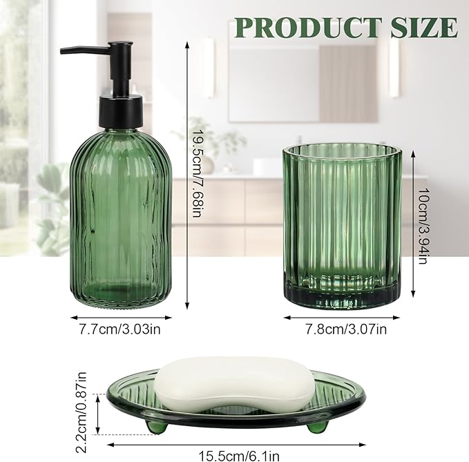 Bathroom Accessories Set, 4Pcs Glass Bathroom Accessories Sets Complete Lotion Soap Dispenser, Toothbrush Holder, Mouthwash Cup, Soap Dish for Bathroom Decor, Countertop Organizer (Green)