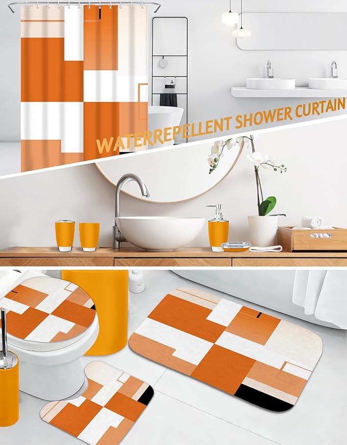 Lnond Orange Bathroom Set, 22-Piece Orange Abstract Bathroom Decor Set with with Shower Curtain and Rugs, Trash Can, Toilet Brush Holder Set & Soap Dispenser