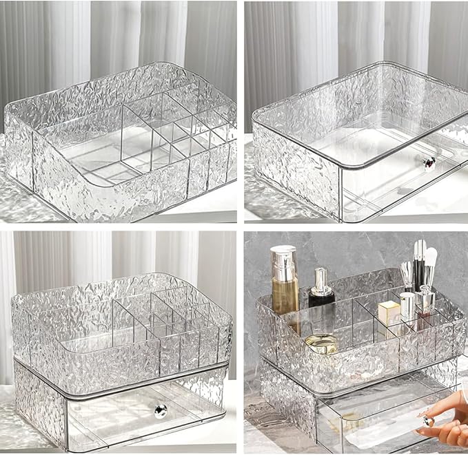 CrazyHome Makeup Organizer Countertop | Cosmetic Organizer for Vanity | Clear Organizers for Skincare, Lipstick 3-in-1 Makeup Storage Combo with Rotating Brush Holder & Stackable Drawer Box