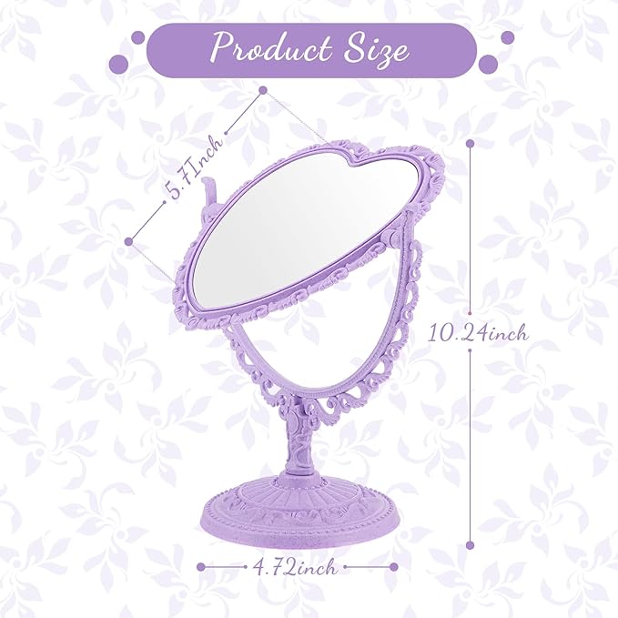 CHENGU Heart Shaped Mirror 8 Pieces Hair Styling Combs Double Sided Rotatable Dresser Heart Mirror Makeup Gifts for Girls Gift Vanity Tabletop (Purple)