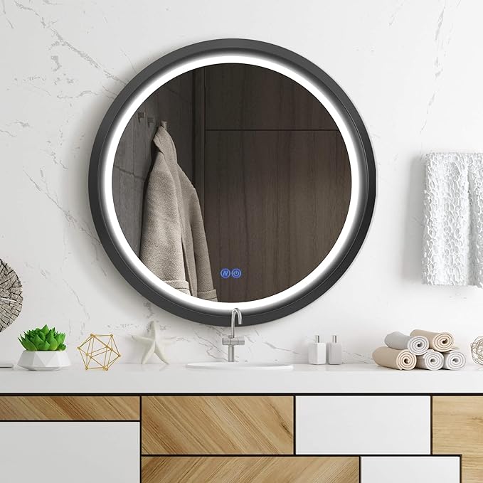32 Inch Round LED Mirror for Bathroom, Black Metal Frame Lighted Vanity Mirror with 3 Color Modes, Touch Dimmer - Anti-Fog Wall Mounted Circle Mirror with Lights - Fab Glass and Mirror