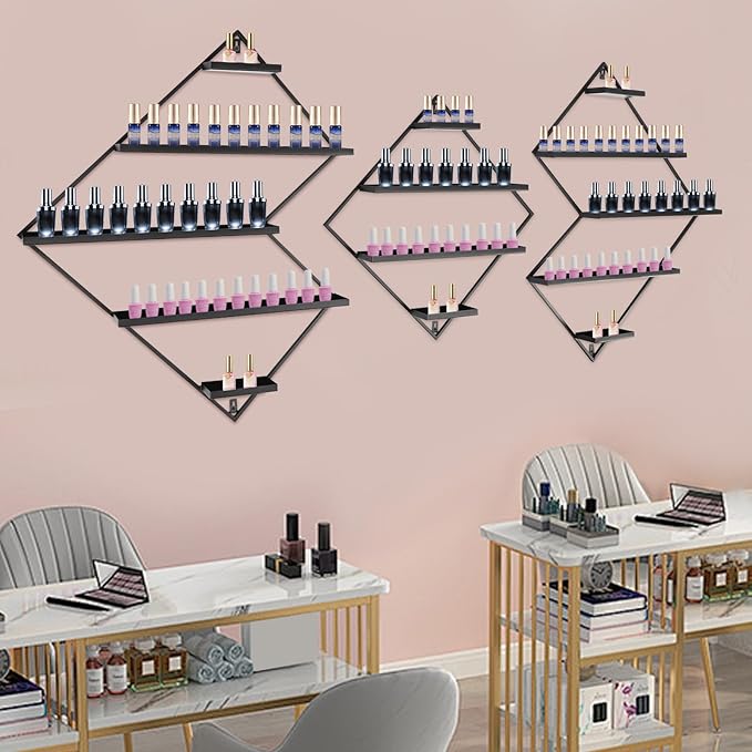 3PCS Nail Polish Storage Racks, 5-Tier Wall-Mounted Metal Cosmetic Display Case Makeup Organizer Wall Shelf for Home Spa Nail Salon Perfume Lipstick (Black)