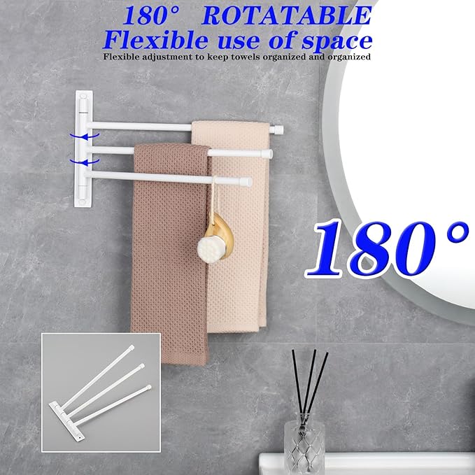 GERZWY Bathroom Hand Towel Rack 3-Bar Folding Arm Swivel Hanger Wall Mount Bath Towel Holder Stainless Steel Swing Out Towel Bar, White