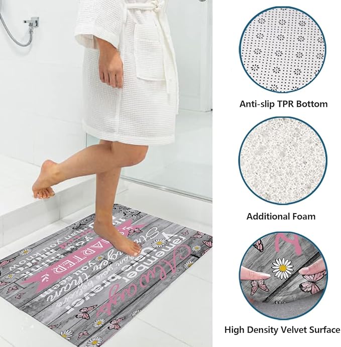 AAtter 4 Piece Pink Shower Curtain Set Kids Girl Girly Cute Women Toddler Grey 60Wx72L Inch Decor with Non-Slip Rugs, Toilet Lid Cover and Bath Mat Bathroom Accessories Home Bathtub Set, Inspirational